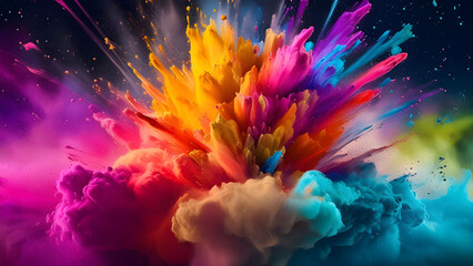 Explosive splash of multi-colored powder with freezing on a white Background. Abstract splashes of colored dust powder