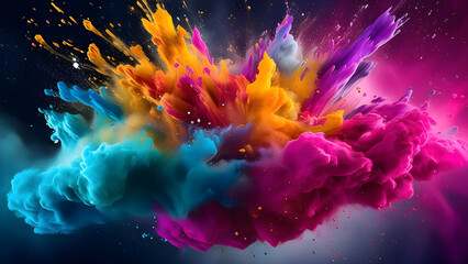 Explosive splash of multi-colored powder with freezing on a white Background. Abstract splashes of colored dust powder