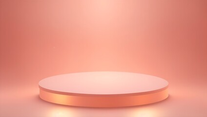 Empty shiny round podium illuminated from above against a peach fuzz color background. Perfect platform for showcasing cosmetics.