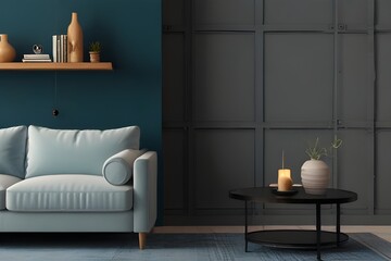 Interior background of a living room with comfortable sofa and blue wall Generative AI 