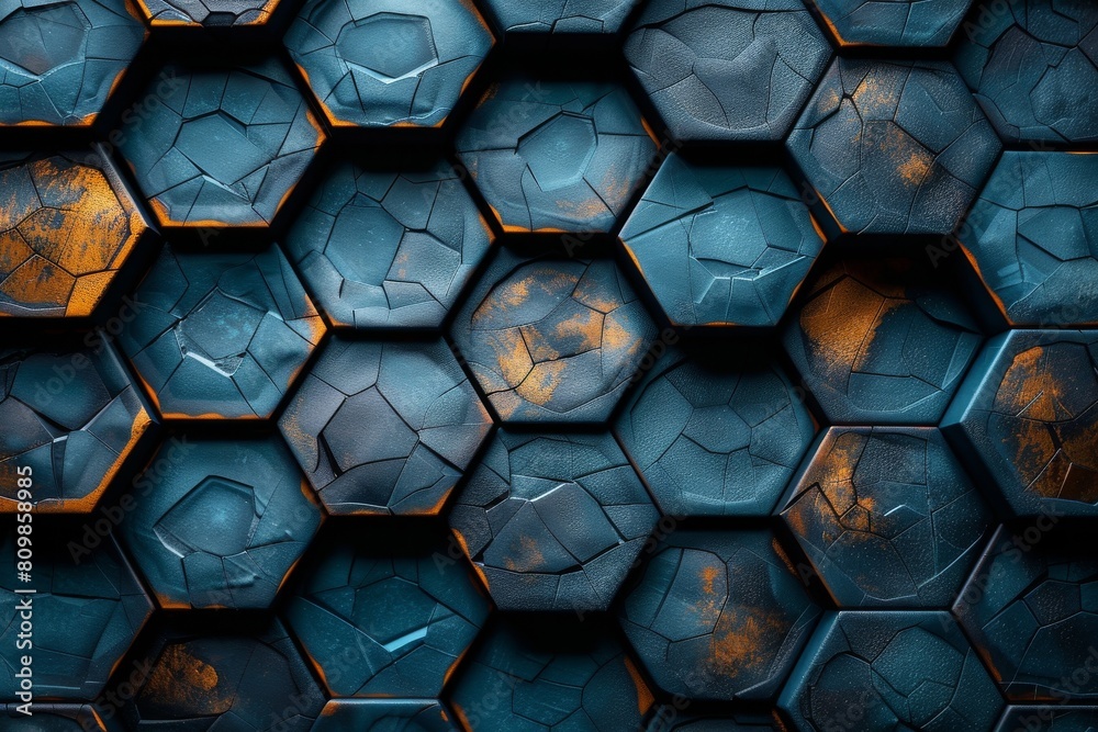 Poster striking close-up of a textured blue hexagonal pattern with contrasting orange rust-like patches