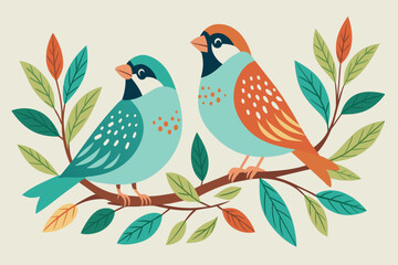 Obraz premium Pair of stylized birds on a branch, in a tranquil, artistic portrayal