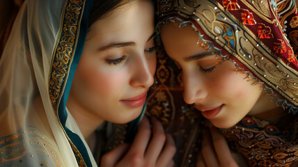 Two women in traditional clothing looking at something
