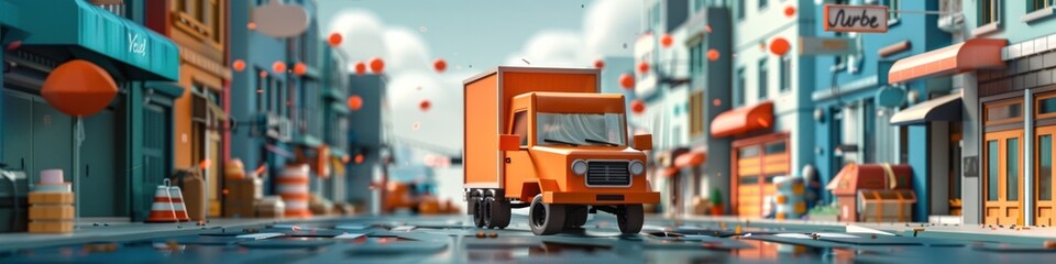Speedy Urban Delivery Truck Transporting Packages Through Vibrant City Streets