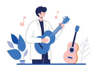 Fototapeta premium A person in a lab coat strums a guitar while another one rests nearby