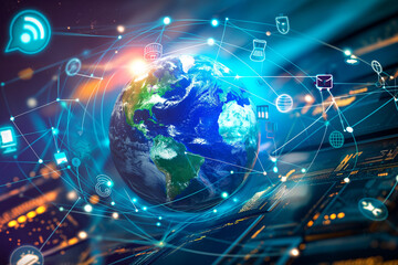 Obraz premium Technology and innovation are being used to overcome the challenges of this new world, Digital world globe out of control, extreme speed of global network