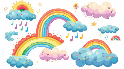 Rainbow and clouds. Shaped rainbow collection isolated