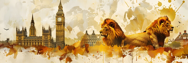 Iconic London landmarks and lions are illustrated with splashing yellow hues overlaying the scene