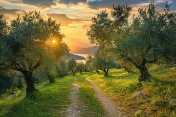 landscape of olive grove and path at sunset in countryside
