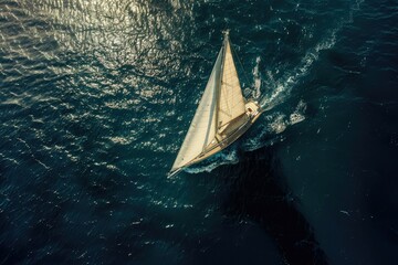 photo of a sailboat sailing in the sea, top view, daytime sunlight