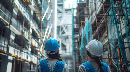 A female and male engineer in safety gear have a discussion while surrounded by a steel and concrete industrial environment
