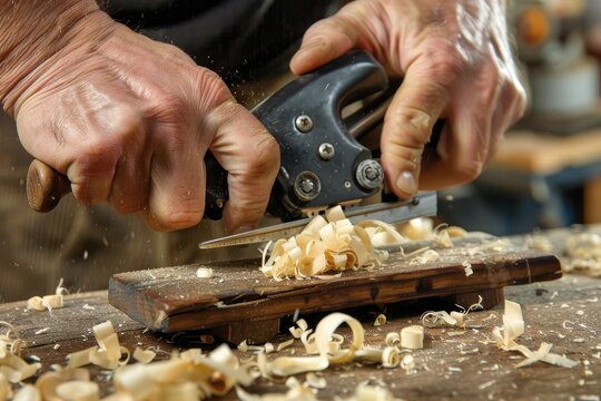 Photo of carpenter hands with jack-plane planing wood in workroom