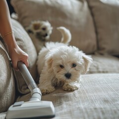 Dog hair and vacuum cleaner, white dog on sofa, hand vacuums beige sofa surface with a Maltipoo puppy