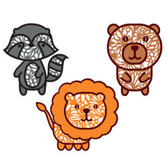 Wildlife Trio: Lion, Raccoon, Bear. Minimalistic Vector Illustrations for Decor and Design. Animal Patterns, Nature Prints, Creative Gifts.