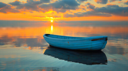 A small boat sits on the water at sunset. - Powered by Adobe