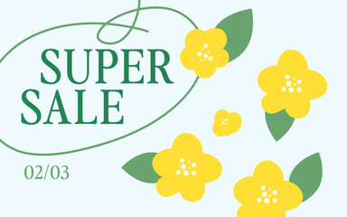 Super sale banner in flat style with cute flowers. Modern abstract template design. 