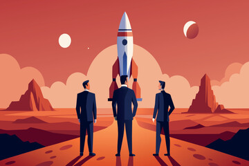 A team of professionals observes a rocket on the Martian terrain against a dusk sky