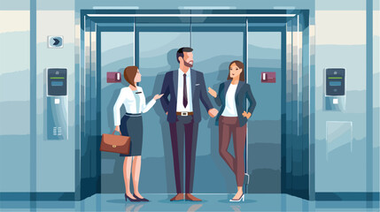 Office workers standing in open elevator. Business pe