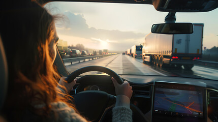 Woman driving a car on the highway at sunset. View from inside the car.