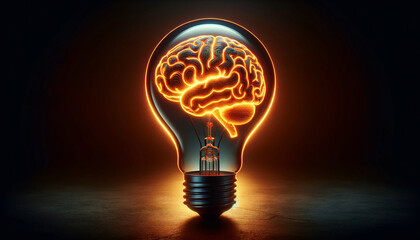 A visually striking of a light bulb against a dark background, inside of which is a glowing orange outline of a human brain