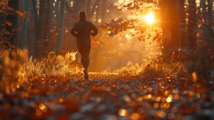 A passionate runner dashes through a serene forest as the sun sets, casting a golden glow on the surrounding trees and foliage