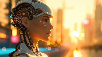 woman robot, on the background of the sun