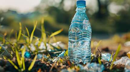 Plastic bottle of water on the grass in the park. 
