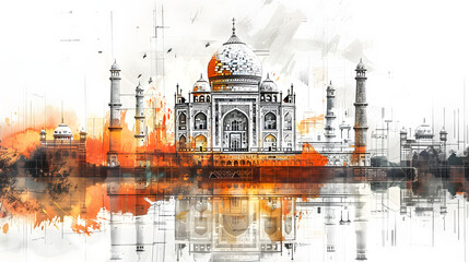 This image artistically captures the Taj Mahal in watercolors with splashes of orange, symbolizing its timeless allure