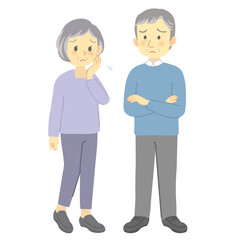 老夫婦が向かい合って困った表情で思い悩む場面（男女の全身立ち姿）

