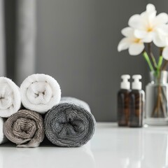 Clean soft rolled towels on white table banner, hotel, spa mockup with copy space,