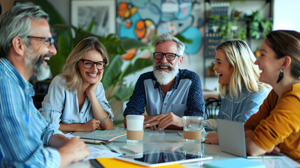 A multigenerational team with a senior leader is discussing ideas in a colorful office space