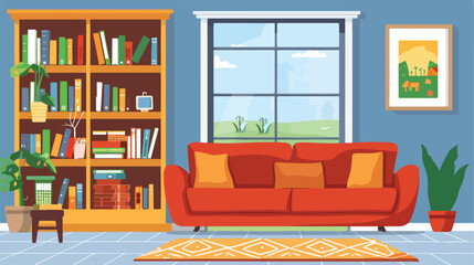 Simple living room with a bookshelves sofa and window