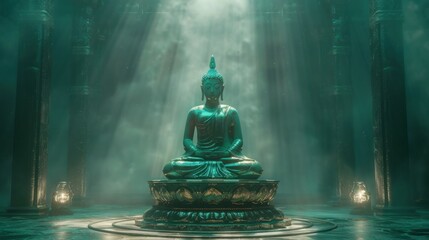 Radiant Emerald Buddha Statue Bathed in Celestial Light Exuding Serenity and Compassion from Its