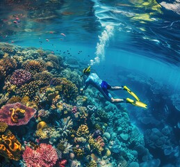 Fototapeta premium a young man in a blue wetsuit and yellow flippers is diving on the colorful coral reef with fish