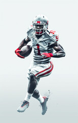 Focused American football player in motion, dynamic action shot on the field