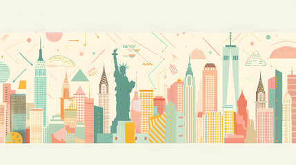 Delicate and soft pastel-colored illustrations of the New York City skyline featuring landmarks