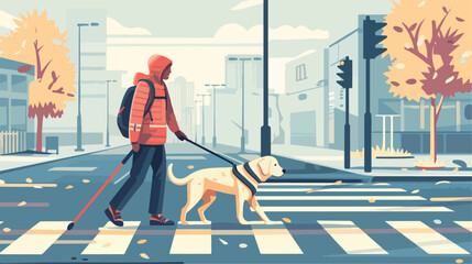 Man with a guide dog walking. Person who isolated visually