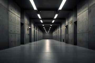 Abstract empty, modern concrete walls hallway room with indirekt ceiling lights in the back - industrial interior background template Generative AI 