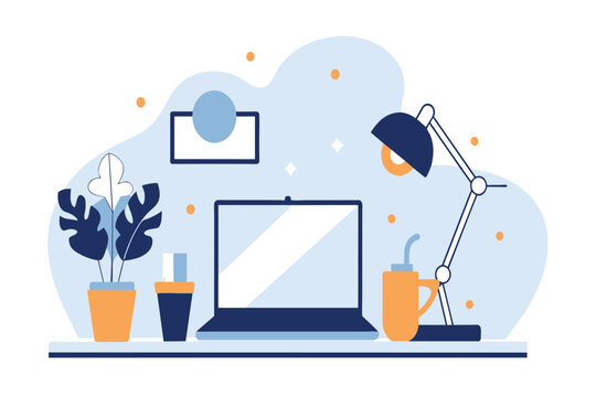 A neatly organized desk with a laptop, lamp, and plants in a well-lit room