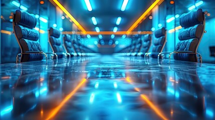 Obraz premium A room with blue walls and orange lights