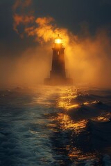 A lighthouse stands tall and proud in the stormy sea