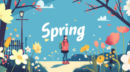 Naklejka premium Springtime bright and positive illustration banner with happy woman or girl. Spring break season beautiful card design with floral decoration and text „Spring”