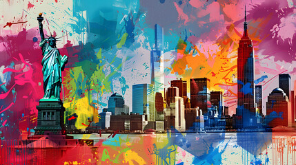 The Statue of Liberty stands out against a burst of abstract colors portraying NYC's skyline, symbolizing energy and diversity of the city
