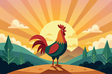 A vibrant rooster stands crowing as the sun rises over mountains