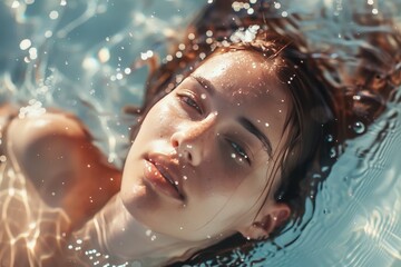 portrait illustration of a young girl  with blue eyes relaxing in the pool, looking at the camera,...