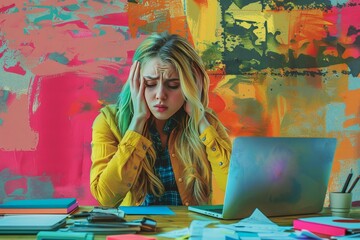 pop art illustration of a young girl overworking and overwelmed by the work on her laptop, 