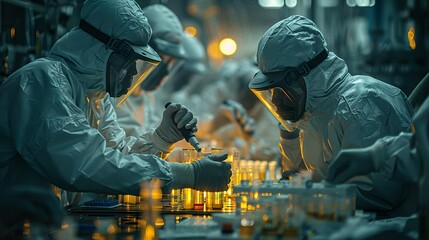 Scientists in Protective Gear Conducting Research in Laboratory