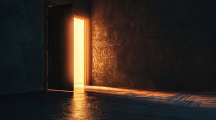 Mysterious open door with warm light in a dark room