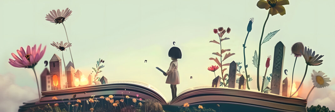 Book, dream, imagination, education and kid concept. conceptual artwork. surreal art. children illustration.