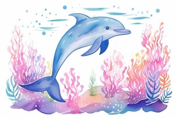 Obraz premium A dolphin painting an underwater mural using colorful coral and seaweed on the ocean floor, single object, isolated white background, cartoon drawing, water color style,